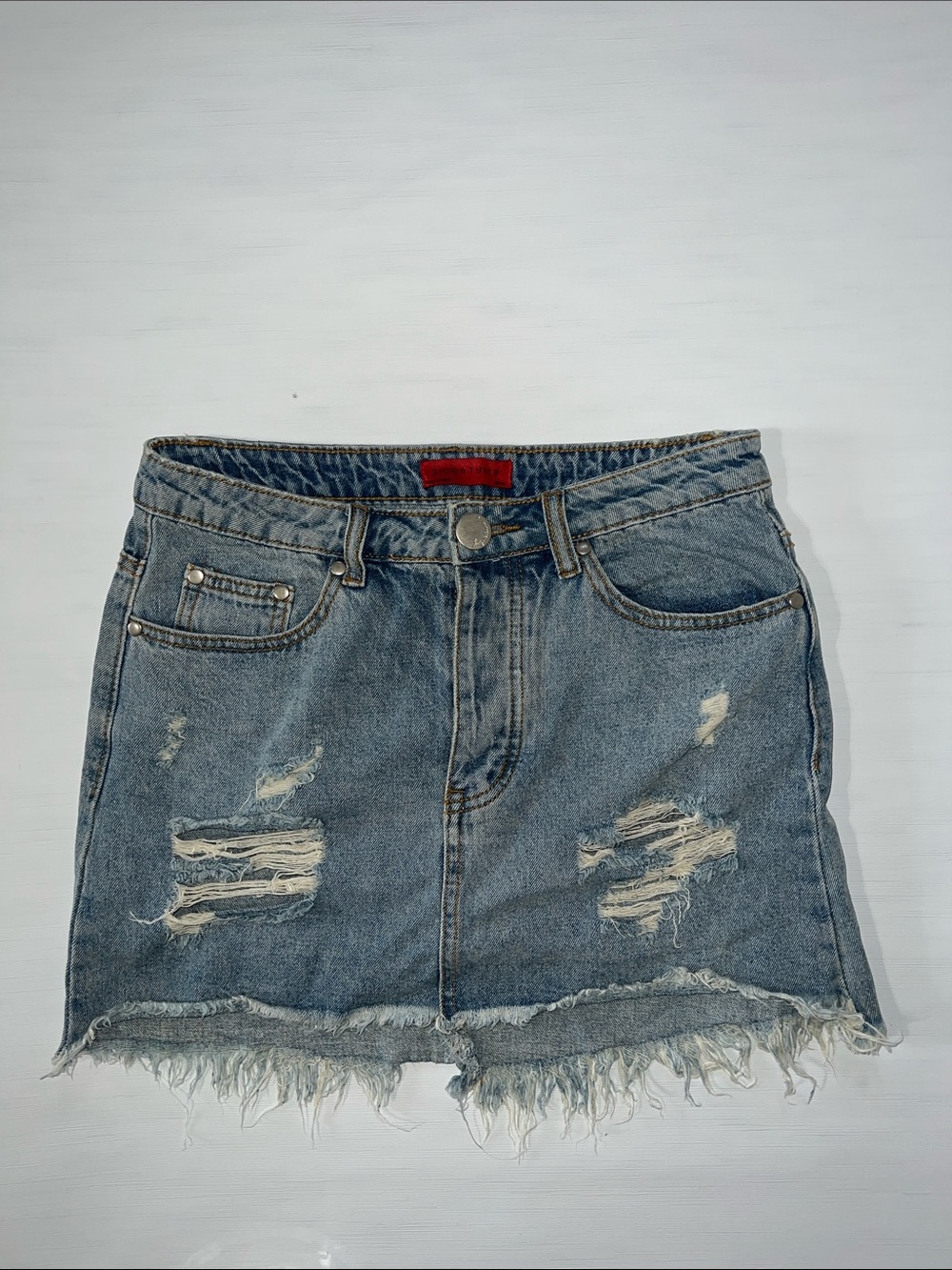 Signature8 Distressed Denim Mini Skirt - Blue with Red Tag